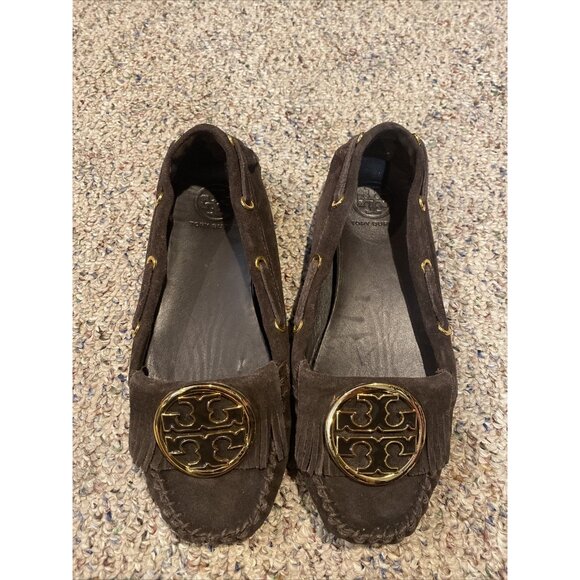 Tory Burch Womens Slip On Fringe Logo Suede Loafers Moccasins Size 7 1/2M - Picture 2 of 6